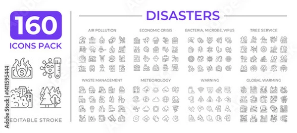 Fototapeta Disasters line icons set collection. Natural and technological catastrophes. Danger management mega pack of linear pictograms, pixel perfect. Isolated vector illustrations. Editable stroke