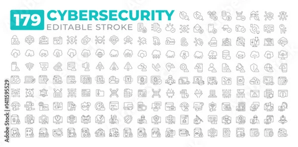 Fototapeta Cybersecurity line icons set collection. Protecting systems, networks and programs. Digital attacks preventing software mega pack of linear pictograms. Isolated vector illustrations. Editable stroke