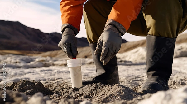Fototapeta Geologist collecting soil samples near a lithium extraction site for further analysis. Featuring soil sampling