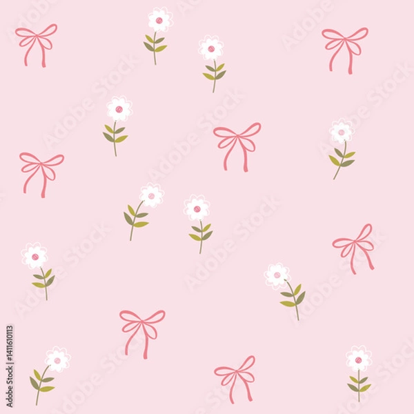 Obraz white flower with pink red bow seamless pattern , vector , illustration