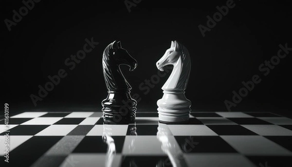 Fototapeta Monochromatic chess knights facing off on a reflective board in contrasting light