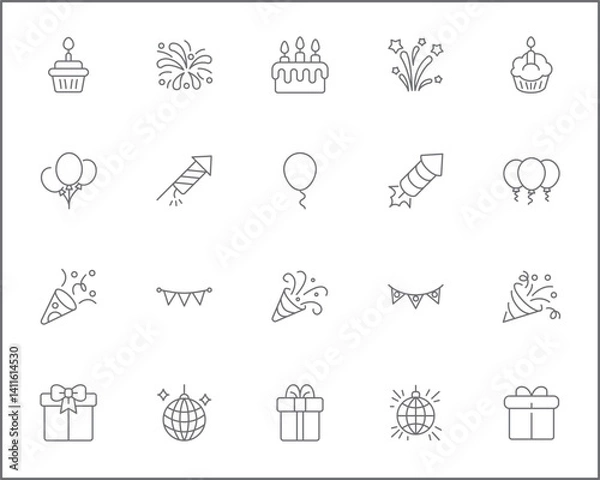 Obraz Birthday And party Icon Set. Vector collection of celebration, event, cake, Firecracker, invitation, letter, gift, festival, mirror ball and elements symbols or logo element.
