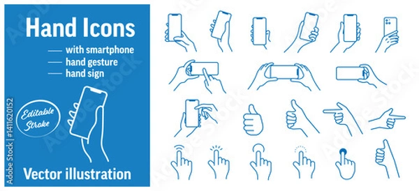Obraz スマホジェスチャー、スマートフォン操作の手、ジェスチャー＆タッチ動作ベクタータッチ操作アイコン、モバイル操作、スマホを持つ手 ベクターイラスト＆ピクトグラム（編集可能）
