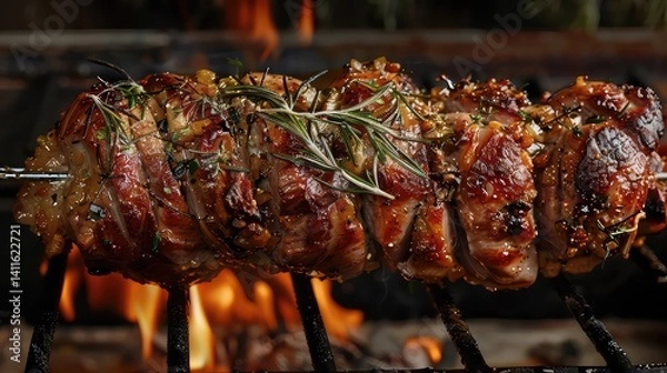Fototapeta Grilled pork roast on skewers