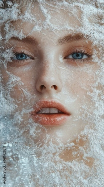 Fototapeta Close-up portrait of a person partially submerged in water, with gentle waves creating a serene atmosphere
