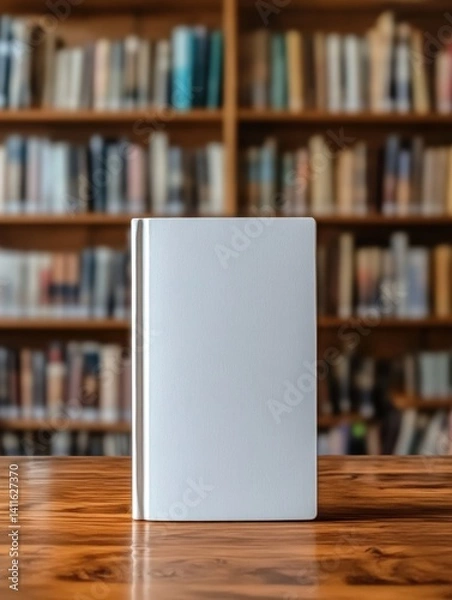 Fototapeta A blank book mockup standing upright on a wooden table with blurred bookshelves in the background, perfect for cover design presentations and marketing.