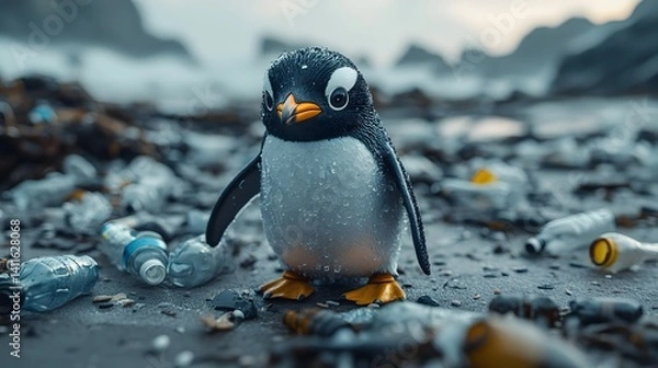 Obraz Intricate Digital Art of a Whimsical Cartoon Penguin on a Desolate Beach: A Poignant Metaphor for the Marine Pollution Crisis
