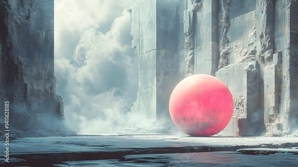 Obraz Vibrant Pink Ball Compressed Under Massive Ancient Stone Blocks in a Surreal Urban Landscape