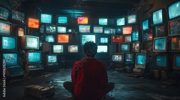 Obraz Digital Captivity: An In-Depth Portrayal of a Human Spirit Entrapped by Mesmerizing Digital Screens, Illustrating the Profound Impact of Technology-Induced Addiction and Inner Conflict