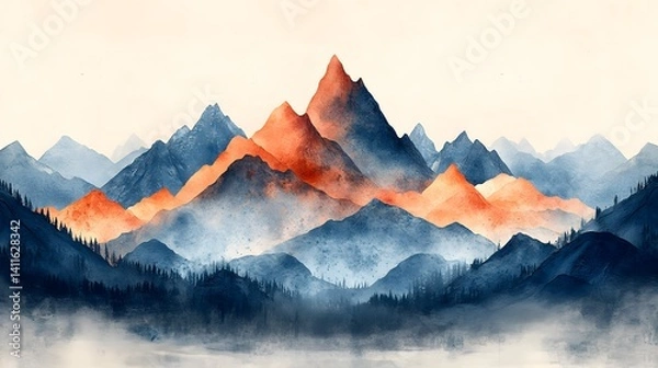 Obraz Serene Mountain Range Illustration for Young Artists with Soft, Rounded Summits and a Playful White Backdrop