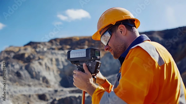 Fototapeta Geologist taking measurements with a laser rangefinder to assess lithium deposit depth at a mine. Featuring laser measurement