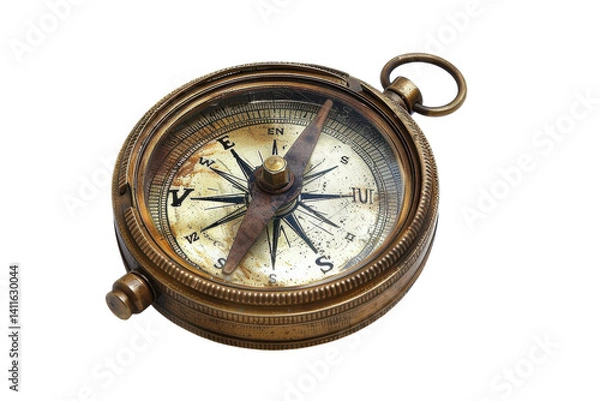 Obraz An antique brass compass resting on a white surface, showcasing intricate details and the passage of time in design and craftsmanship isolated on transparent background