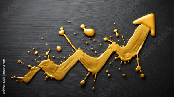 Fototapeta Golden Arrow Rising Upward On Black Textured Background Depicting Financial Growth And Increasing Prices
