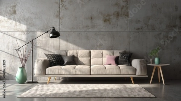 Fototapeta Beige sofa with patterned pillows sits in a minimalist living room against a textured concrete wall.  A floor lamp and small side table add to the modern aesthetic.