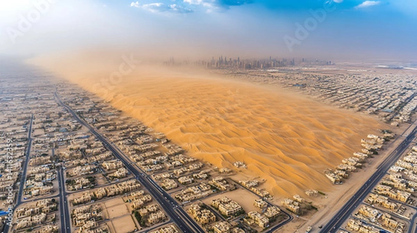 Fototapeta Aerial View of Severe Dust Storm Across Cityscape with Brown and Orange Hues in Day Time