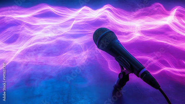 Fototapeta Black Microphone with Sparkling Head Against Purple Wavy Neon Background