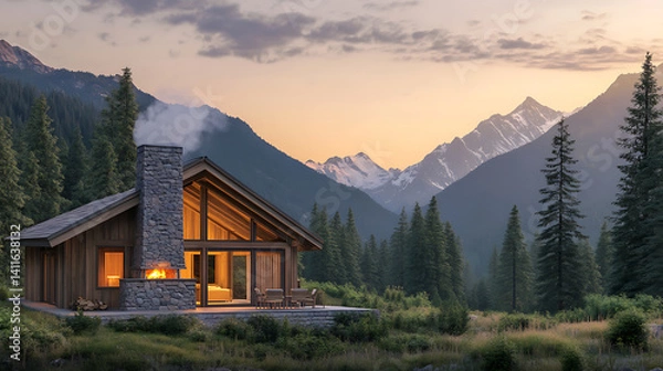 Fototapeta Wooden Cabin Nestled In Lush Green Forest With Mountain Range Illuminated By Sunset Sky