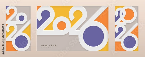 Fototapeta Modern design of 2026 for New Year greeting, Cover, Banner, Art wall, Greeting card dan social media template. Paper cut of number 2026 on frame concept. Happy new year 2026