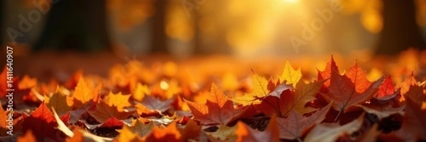 Obraz Pile of fallen leaves, rich color palette, sunlit scene , detail, organic