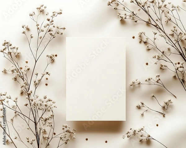 Fototapeta Clean design greeting card with minimalist typography and blank space for writing, laid flat on soft cream background with tiny golden dots and dried flowers