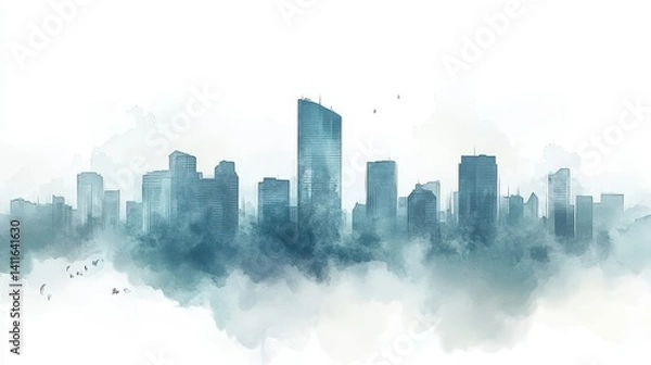 Obraz Misty cityscape skyline, painted in soft watercolors.