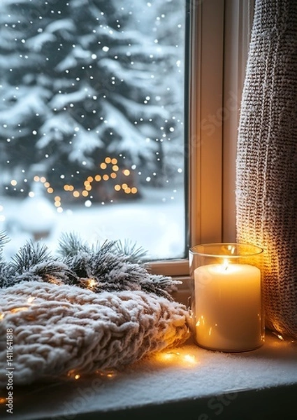 Fototapeta Minimalist card leaning against a window with frost details, cozy holiday decor in the background, interior of card shown with space for a warm message
