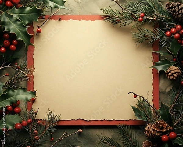 Fototapeta Overhead view of a Christmas card with a simple red border and holiday decor, placed on kraft paper background, space inside the card left empty