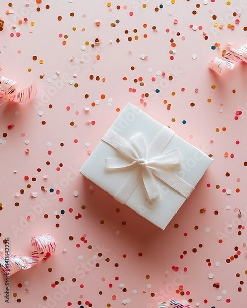 Fototapeta Minimalist birthday card lying flat on a soft pastel background, surrounded by simple confetti and ribbon, card open to reveal blank space for message