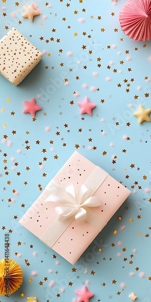 Fototapeta Top view of a minimalist birthday card with soft colors and subtle design, surrounded by tiny decorative stars, card opened to show blank message space