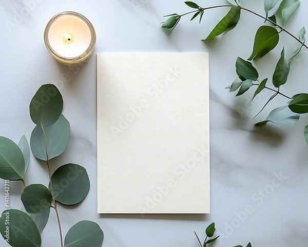 Fototapeta Clean and simple wedding invitation card with soft gold accents, lying on a white marble table with a small candle and fresh greenery, blank inside visible
