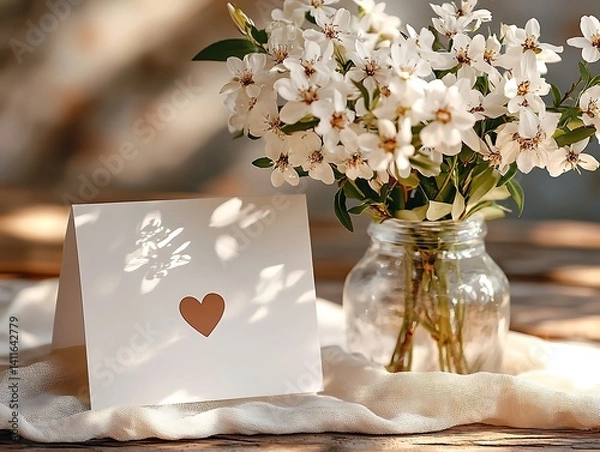 Fototapeta Close-up of a wedding card with minimalist typography and a small heart icon, placed next to a glass vase with white flowers, card open with space for writing