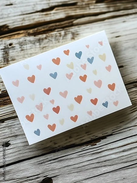 Fototapeta Flat lay of a wedding congratulations card with soft pastel colors and a minimal heart pattern, resting on a light wood surface, blank inside space for message