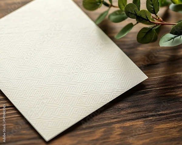 Fototapeta Simple new home invitation card with subtle geometric patterns, resting on a wooden table with a sprig of greenery, card open to show empty writing area