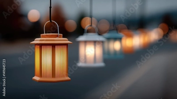 Obraz Hanging lanterns illuminate evening streets, creating warm, invi
