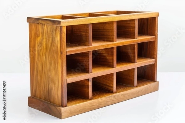 Obraz A beautifully crafted wooden organizer showcasing multiple compartments for stylish storage on a bright surface isolated on transparent background