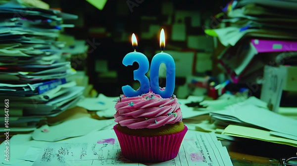 Fototapeta Blue Thirty Candle On Pink Iced Cupcake With Sprinkles Amidst Messy Papers In Darkened Setting