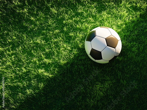 Fototapeta a traditional black and white soccer ball football isolated on the green soccer field turf. composition close up with grass and copyspace for text editing