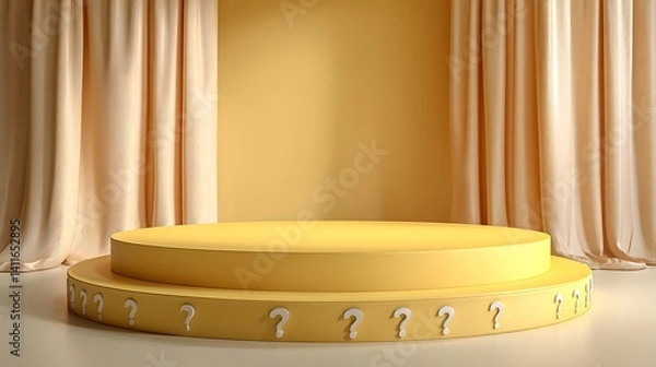 Fototapeta Gold Podium Stage with Question Mark Design and Beige Curtains in Yellow Background for Presentation
