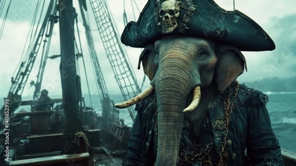 Obraz Elephant pirate stands by broken ship amid stormy seas near deserted island