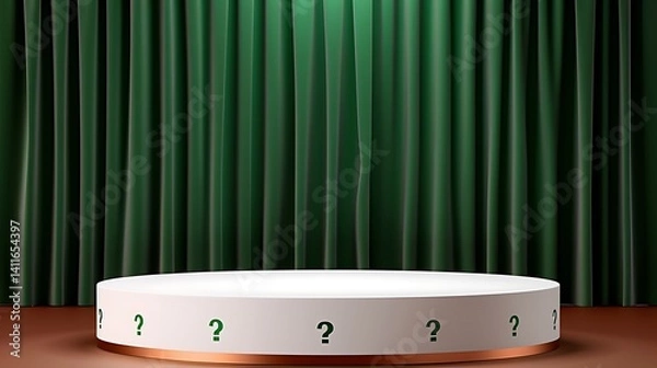 Fototapeta White Circular Podium With Question Marks Against Green Curtain Background
