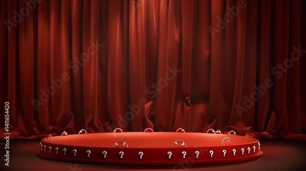 Fototapeta Red Circular Podium Stage With Question Mark Symbols Against Red Curtain Background Illuminated by Spotlight