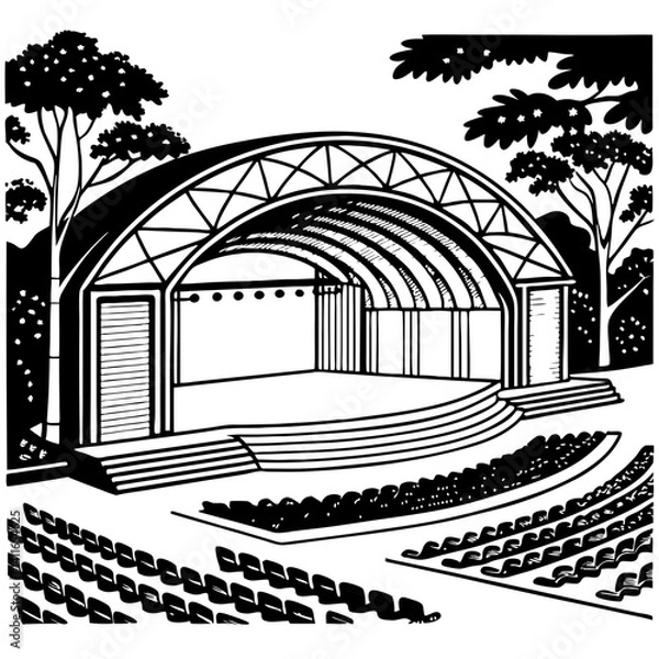 Fototapeta Outdoor Amphitheater Stage Design Surrounded by Lush Trees for Concerts and Performances