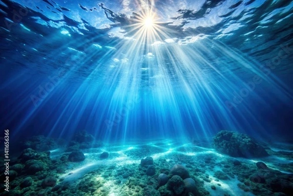 Obraz Underwater tropical coral reef scene with sunlight rays and clear blue water