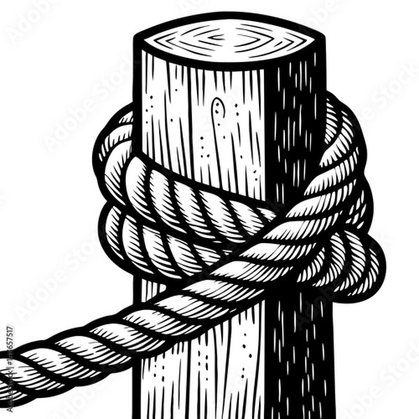 Fototapeta Detailed Black and White Vector Illustration of a Wooden Post with Rope Knot Design