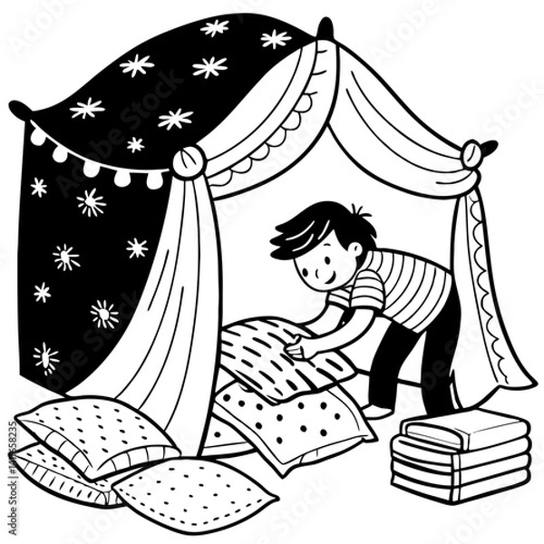 Fototapeta Boy Building Cozy Blanket Fort with Pillows and Decorative Canopy for Playtime Adventures