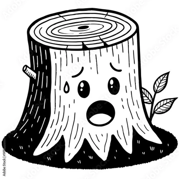 Fototapeta Cute Cartoon Tree Stump Character with Face and Sad Expression for Coloring Books and Crafts