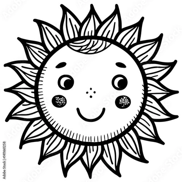 Obraz Cute Cartoon Sun Character with Smiling Face and Leafy Rays for Children's Designs