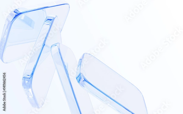 Obraz 3d glass transparent square shapes on light blue background. Abstract geometric clear blocks, crystal glossy plates with gradient texture, render digital graphic design tech banner. 3D illustration