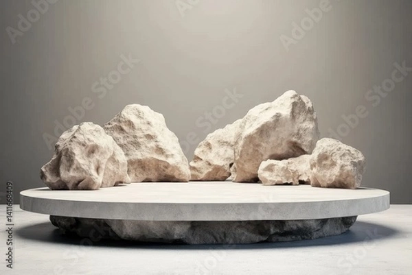 Fototapeta 3D render of an empty podium made from rocks, a platform for product presentation, a mockup with a round stage and stones on a grey background