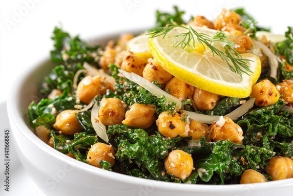 Fototapeta Fresh and Healthy Kale Salad with Crispy Chickpeas and Lemon Garnish for Nutritious Meal Preparation and Culinary Inspiration in Modern Dining